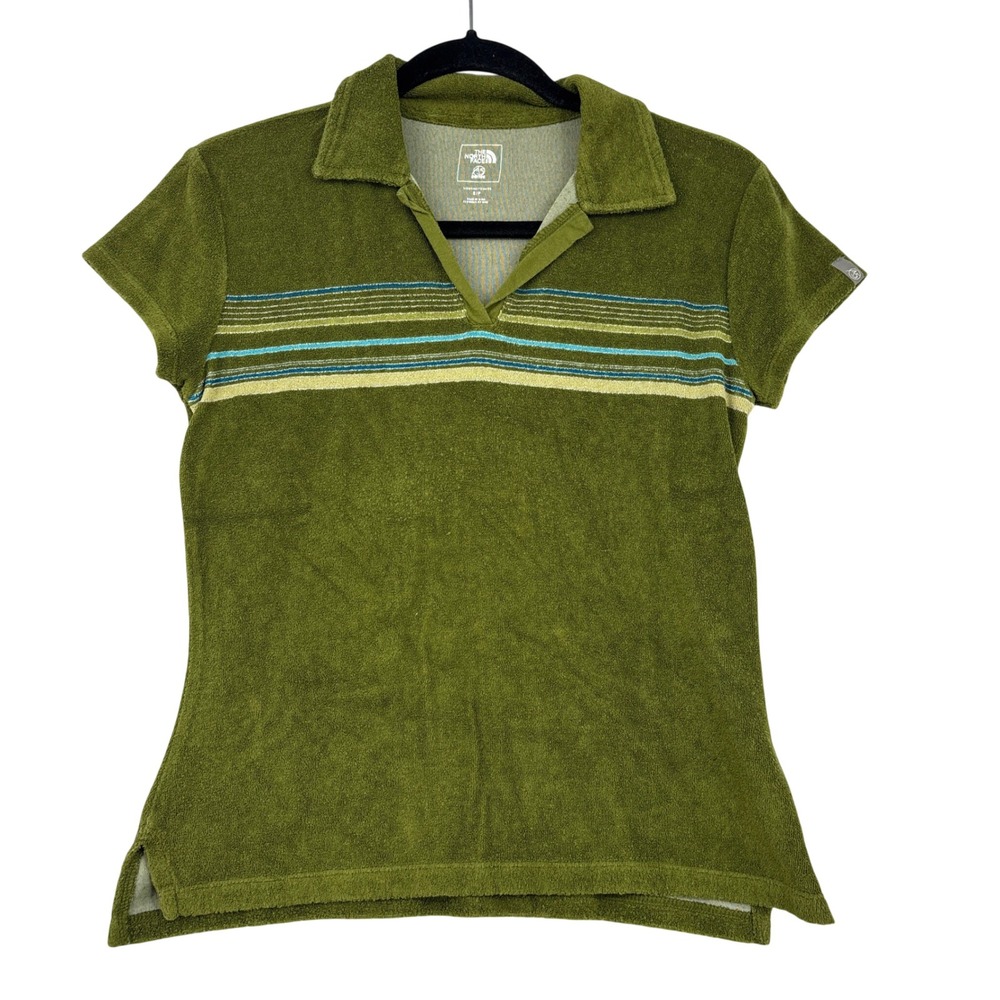 The North Face Polo Shirt Size S Green Terry Cloth Striped Short Sleeve